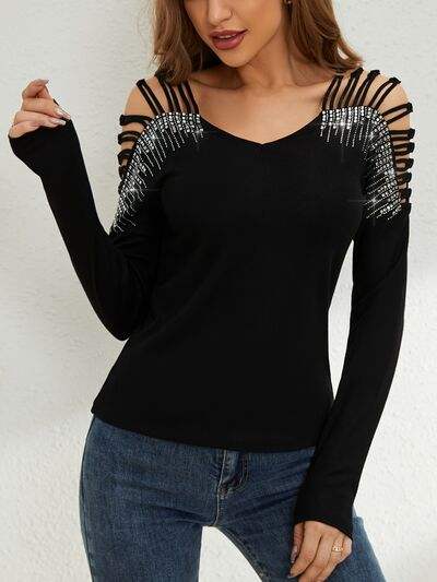 Rhinestone Cutout Long Sleeve T-Shirt - Trendsi - Flyclothing LLC