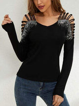 Rhinestone Cutout Long Sleeve T-Shirt - Trendsi - Flyclothing LLC
