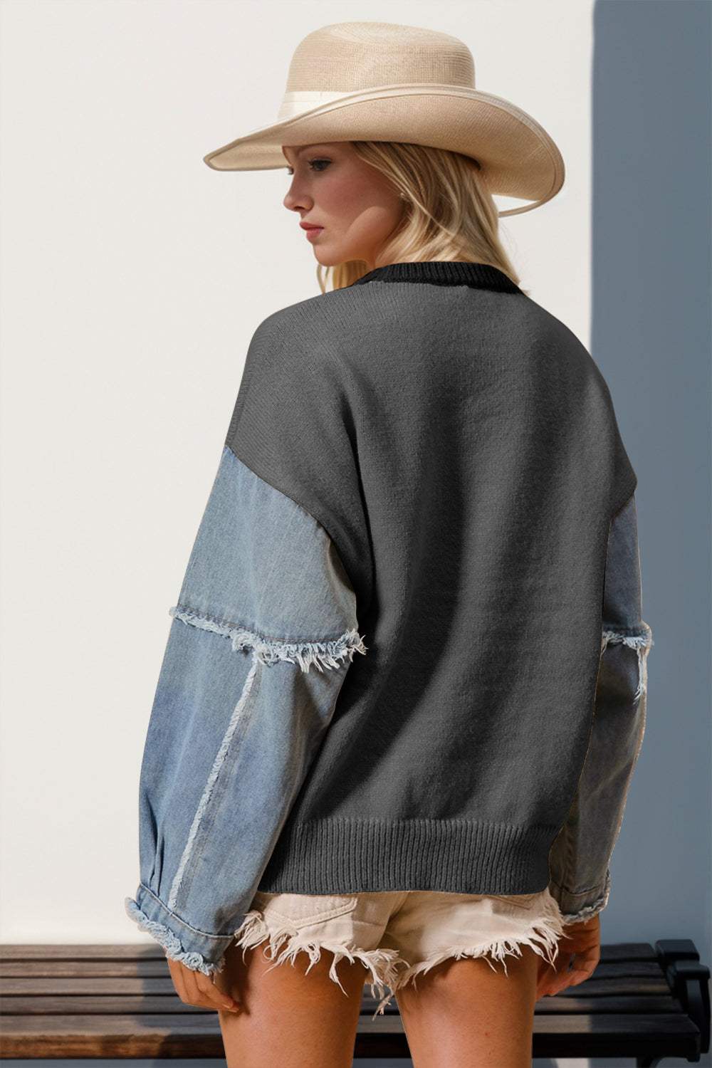 Double Take Full Size Star Pattern Raw Edge Long Sleeve Sweater - Trendsi - Flyclothing LLC