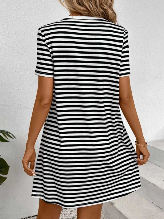 Striped Round Neck Short Sleeve Dress - Trendsi - Flyclothing LLC