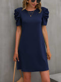 Round Neck Puff Sleeve Mini Dress - Trendsi - Flyclothing LLC