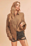 Aemi + Co Raw Edge Exposed Seam Collared Neck Long Sleeve Shirt - Trendsi