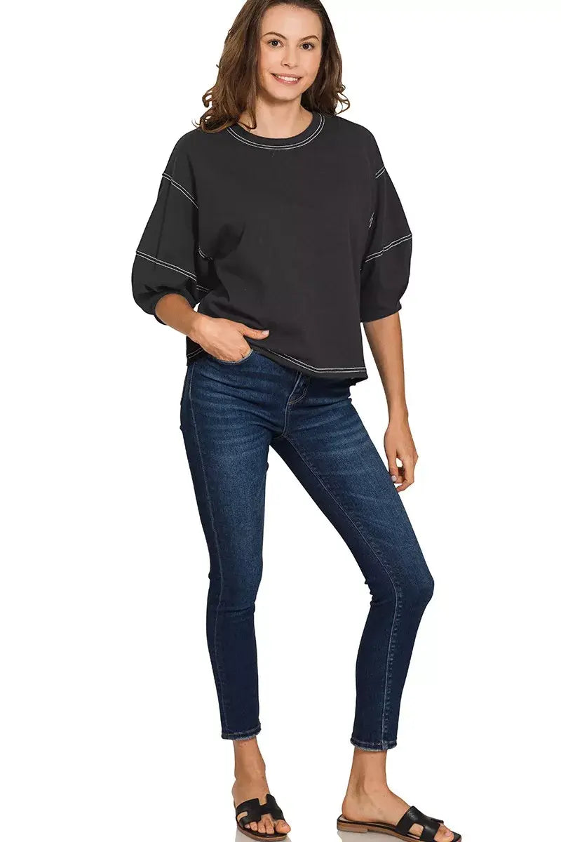 Zenana Balloon Sleeve Top with Contrast Stitching - Trendsi - Flyclothing LLC