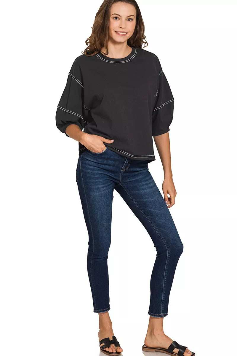 Zenana Balloon Sleeve Top with Contrast Stitching - Trendsi - Flyclothing LLC