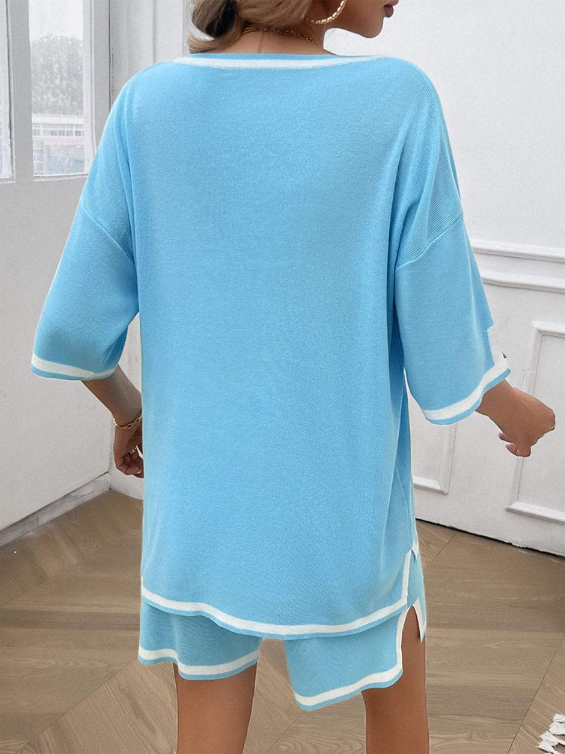 Contrast Trim V-Neck Top and Shorts Set - Trendsi - Flyclothing LLC