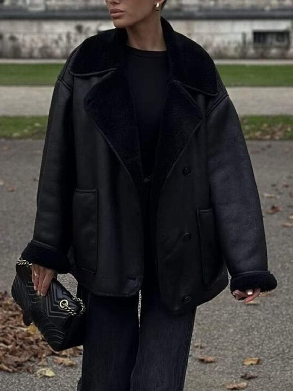 Collared Neck Long Sleeve Plush Jacket - Trendsi - Flyclothing LLC