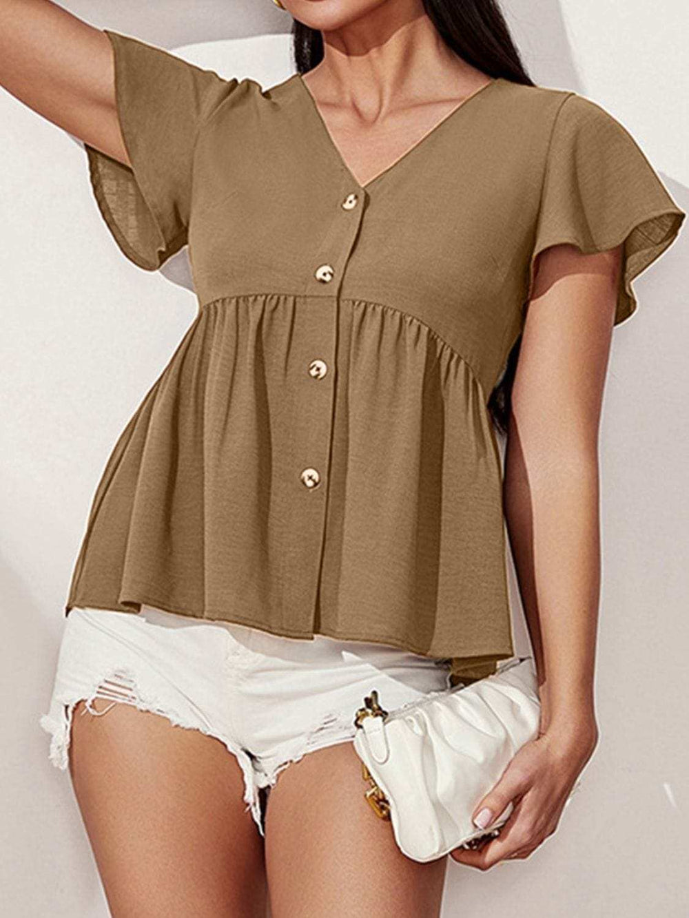 V-Neck Flutter Sleeve Blouse - Trendsi - Flyclothing LLC