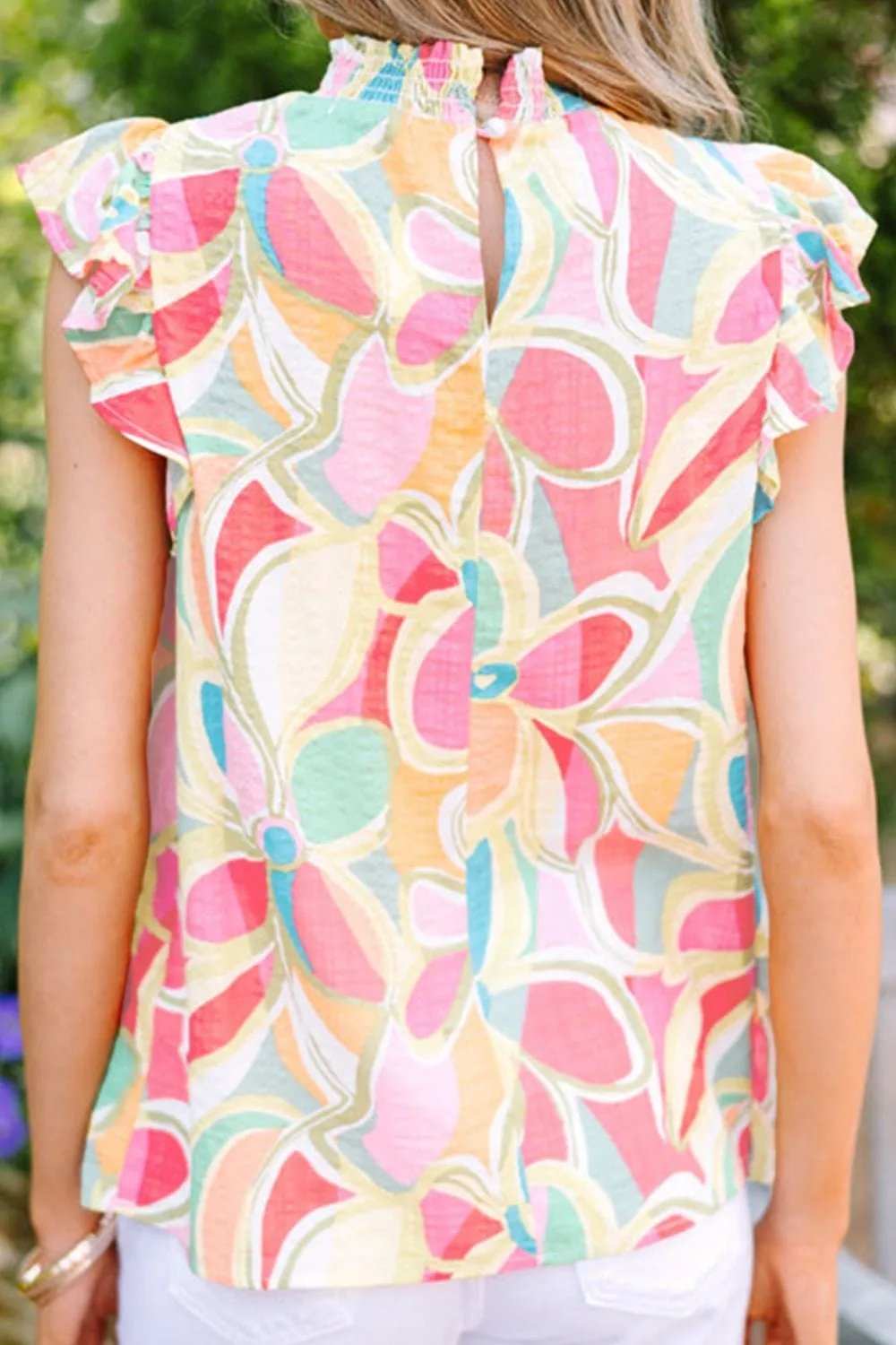 Ruffled Printed Mock Neck Cap Sleeve Blouse - Trendsi - Flyclothing LLC