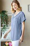 Heimish Full Size Front Pocket Short Sleeve Ribbed Top - Trendsi