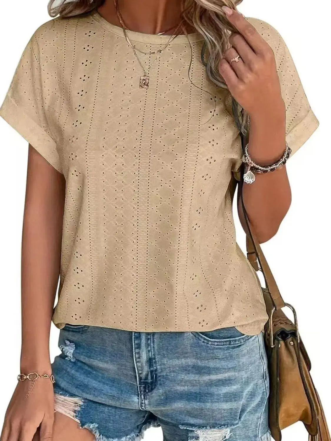 Eyelet Round Neck Short Sleeve T-Shirt - Trendsi - Flyclothing LLC