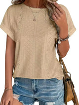 Eyelet Round Neck Short Sleeve T-Shirt - Trendsi - Flyclothing LLC