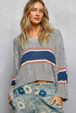 POL V-Neck Striped Pattern Cropped Knit Top with Cable Knit Detail - Trendsi - Flyclothing LLC