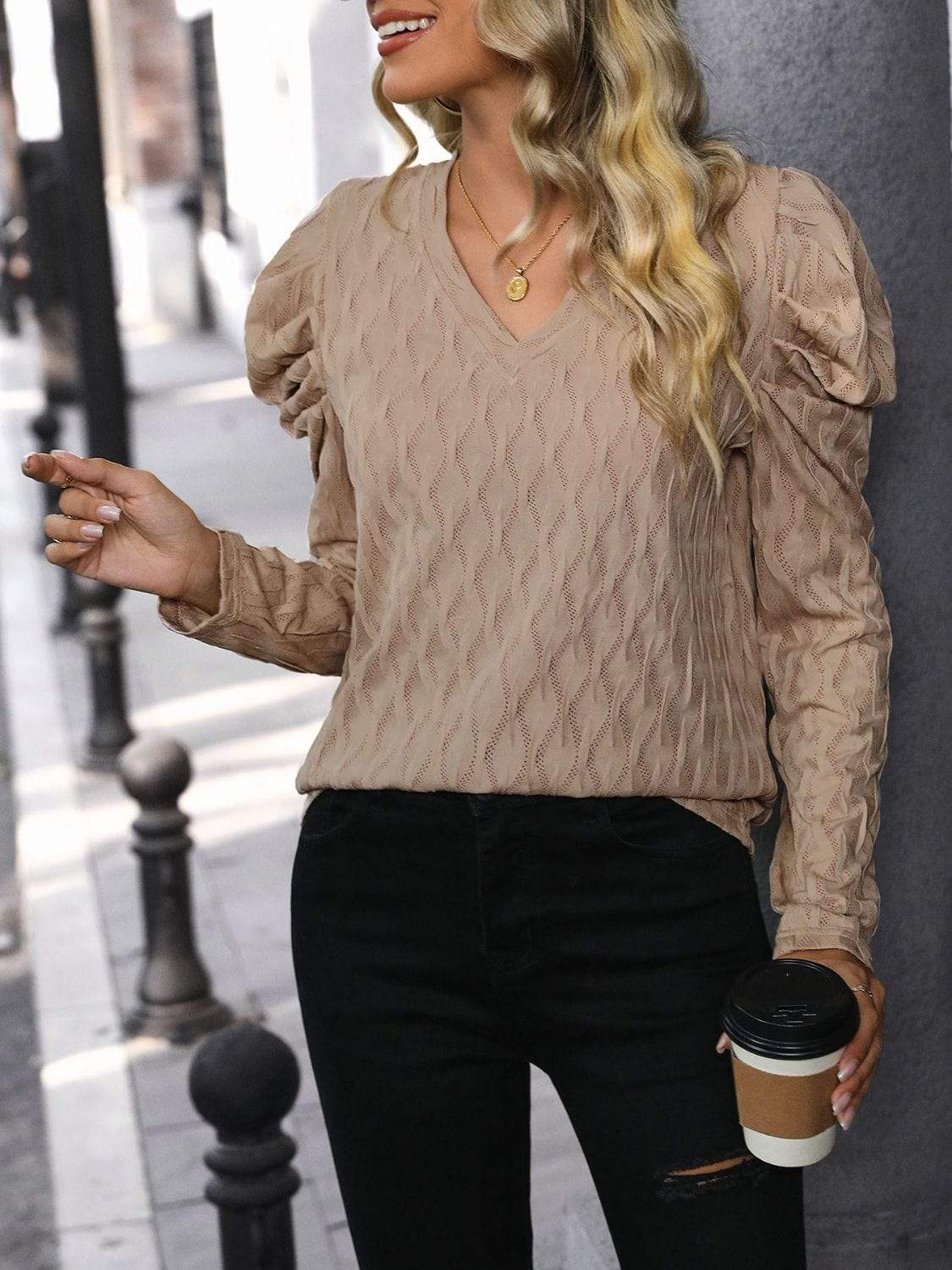 Textured V-Neck Long Sleeve Top - Trendsi - Flyclothing LLC