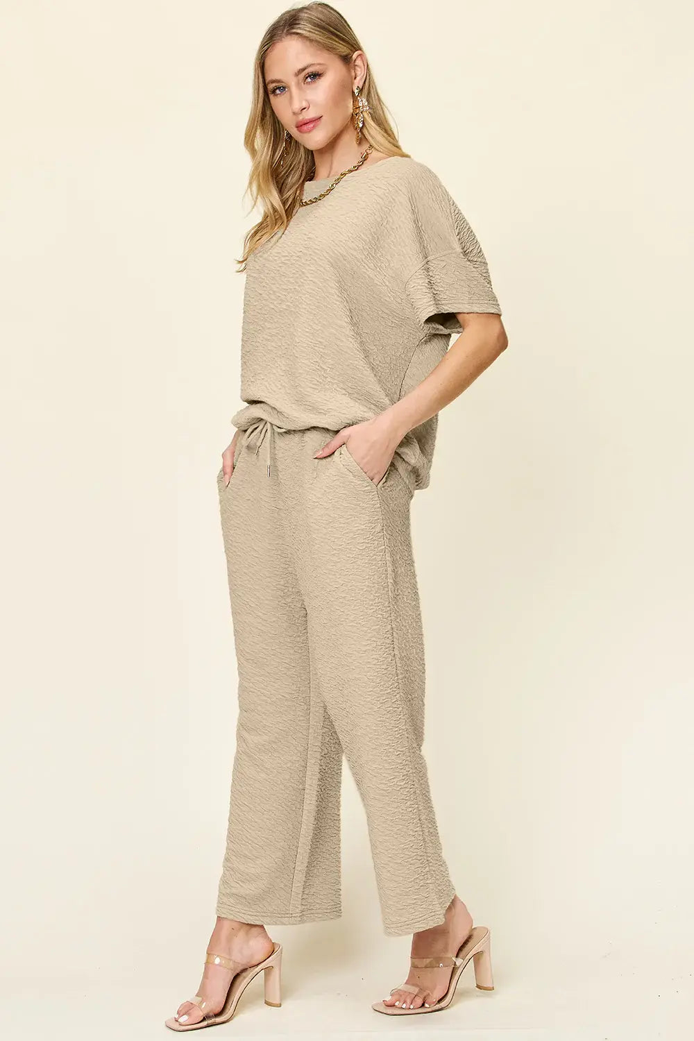 Double Take Full Size Texture Short Sleeve Top and Pants Set - Trendsi - Flyclothing LLC