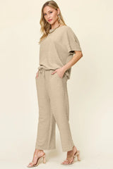 Double Take Full Size Texture Short Sleeve Top and Pants Set - Trendsi - Flyclothing LLC