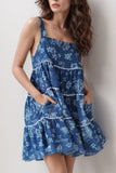 Floral Tiered Square Neck Denim Dress - Trendsi