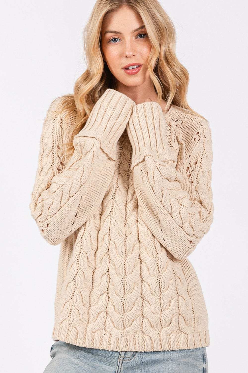 SAGE + FIG Cable-Knit Long Sleeve Sweater - Trendsi - Flyclothing LLC
