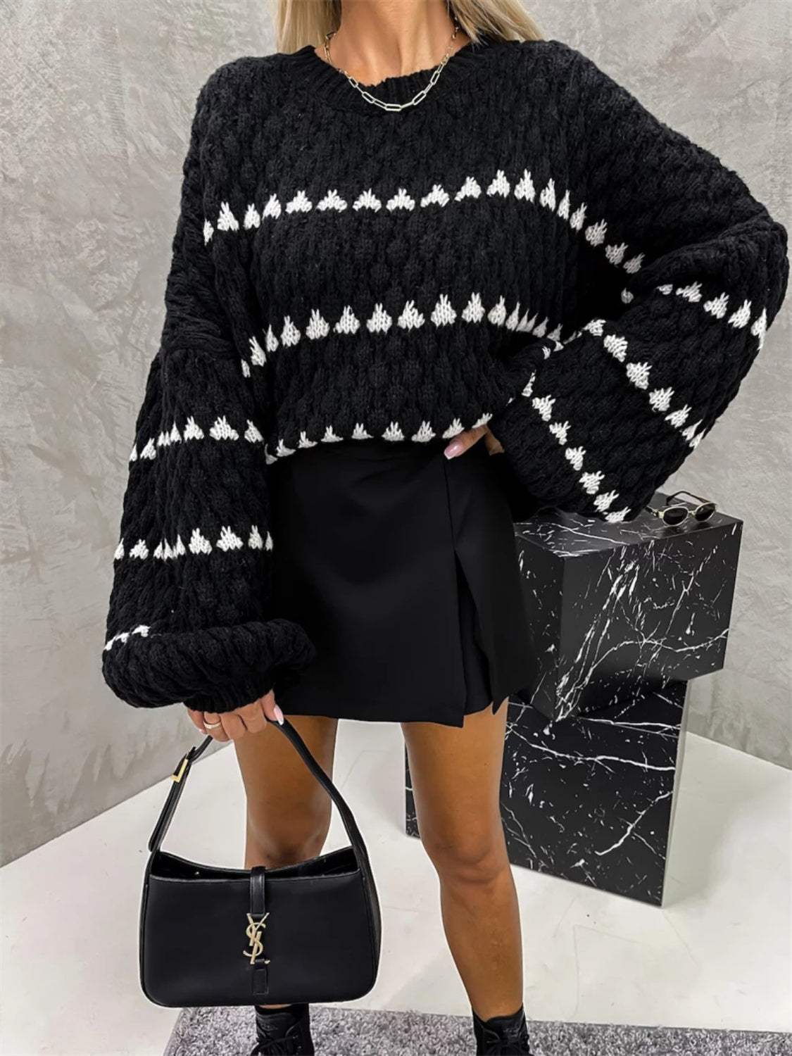 Contrast Round Neck Long Sleeve Sweater - Trendsi - Flyclothing LLC