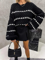 Contrast Round Neck Long Sleeve Sweater - Trendsi - Flyclothing LLC
