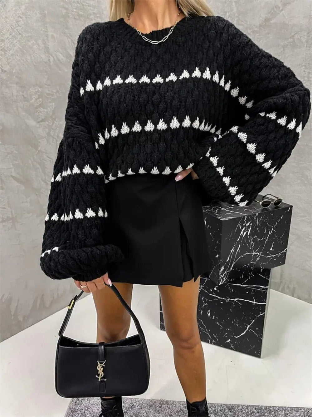 Contrast Round Neck Long Sleeve Sweater - Trendsi