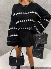 Contrast Round Neck Long Sleeve Sweater - Trendsi