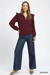 Umgee Luxeknit Ruffle Shoulder Quarter-Zip Sweatshirt - Trendsi - Flyclothing LLC