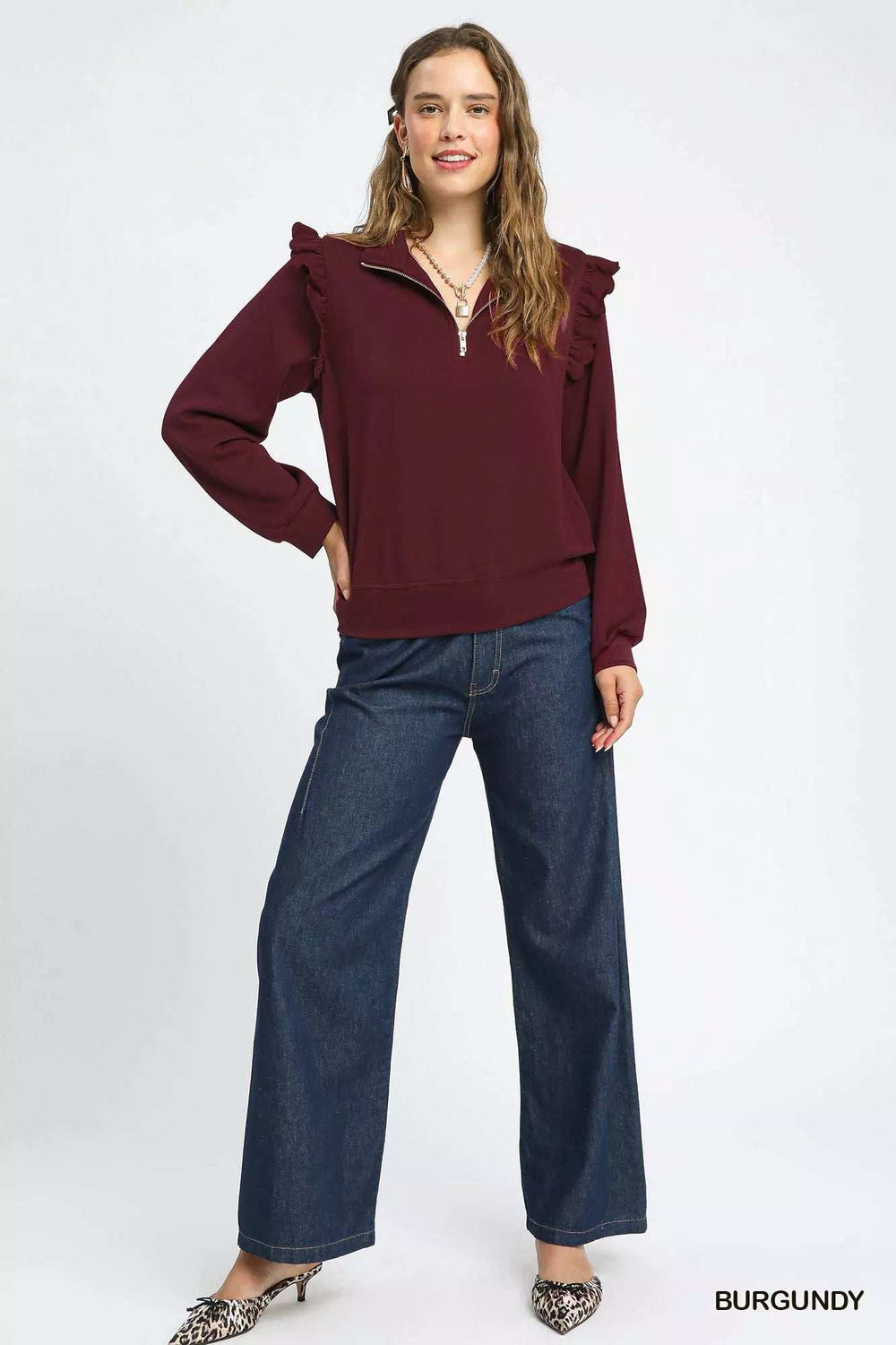 Umgee Luxeknit Ruffle Shoulder Quarter-Zip Sweatshirt - Trendsi - Flyclothing LLC