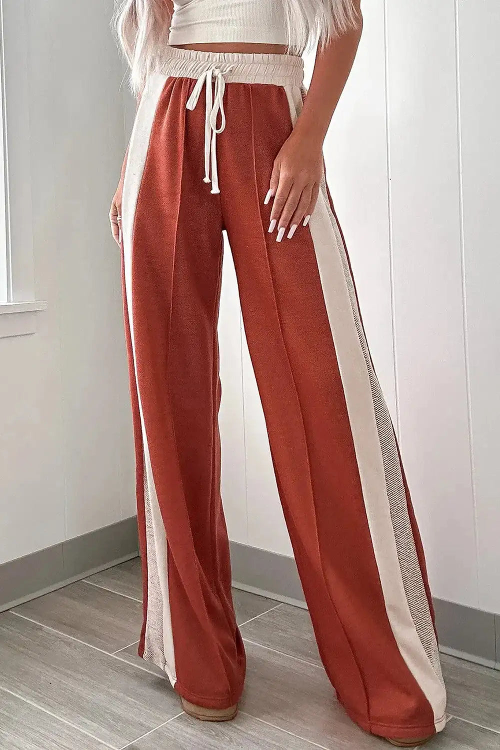 Drawstring Contrast Wide Leg Pants - Trendsi