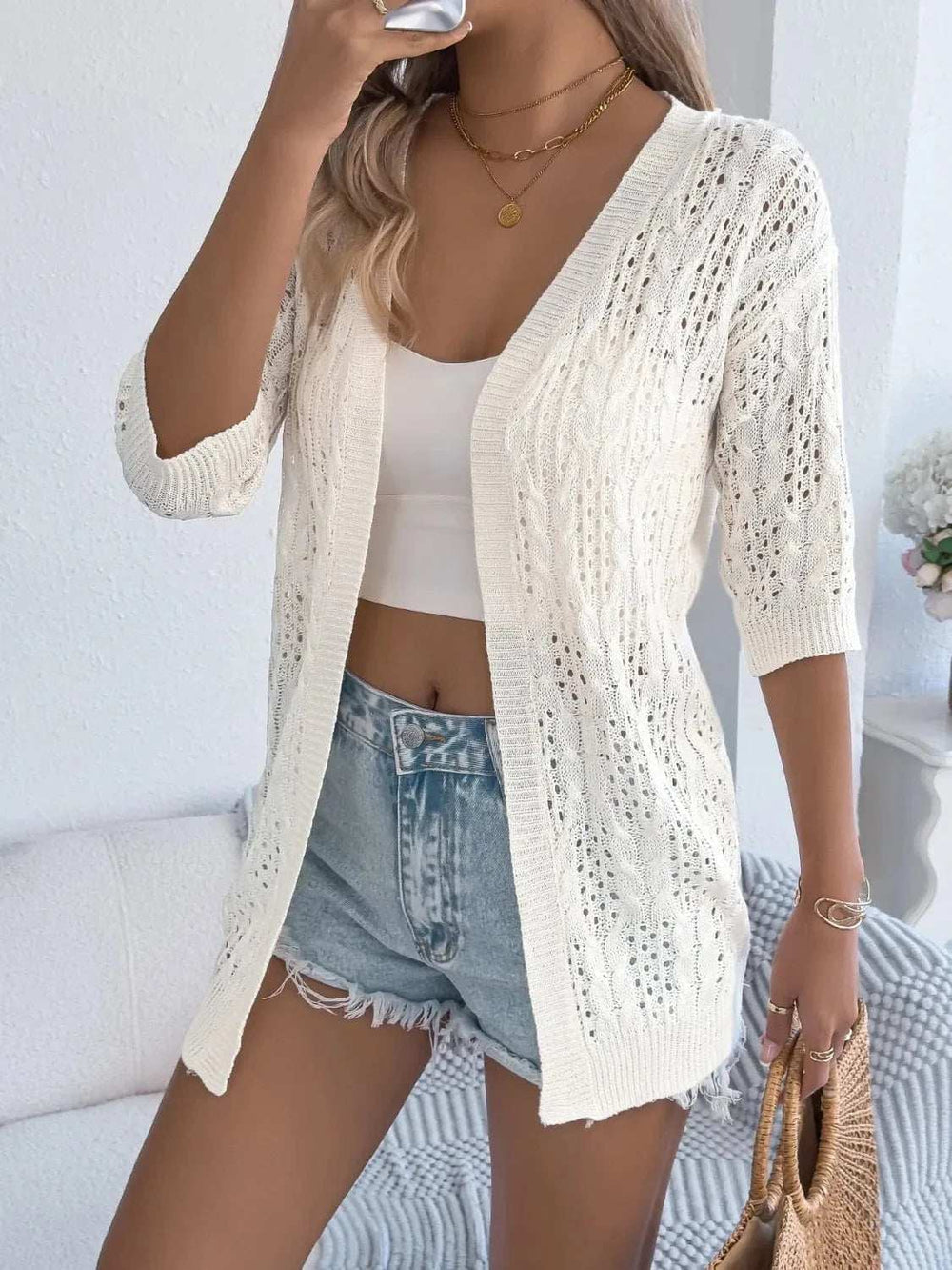 Openwork Open Front Half Sleeve Cardigan - Trendsi - Flyclothing LLC