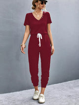 Casual V-Neck Short Sleeve Drawstring Waist Jumpsuit - Trendsi - Flyclothing LLC