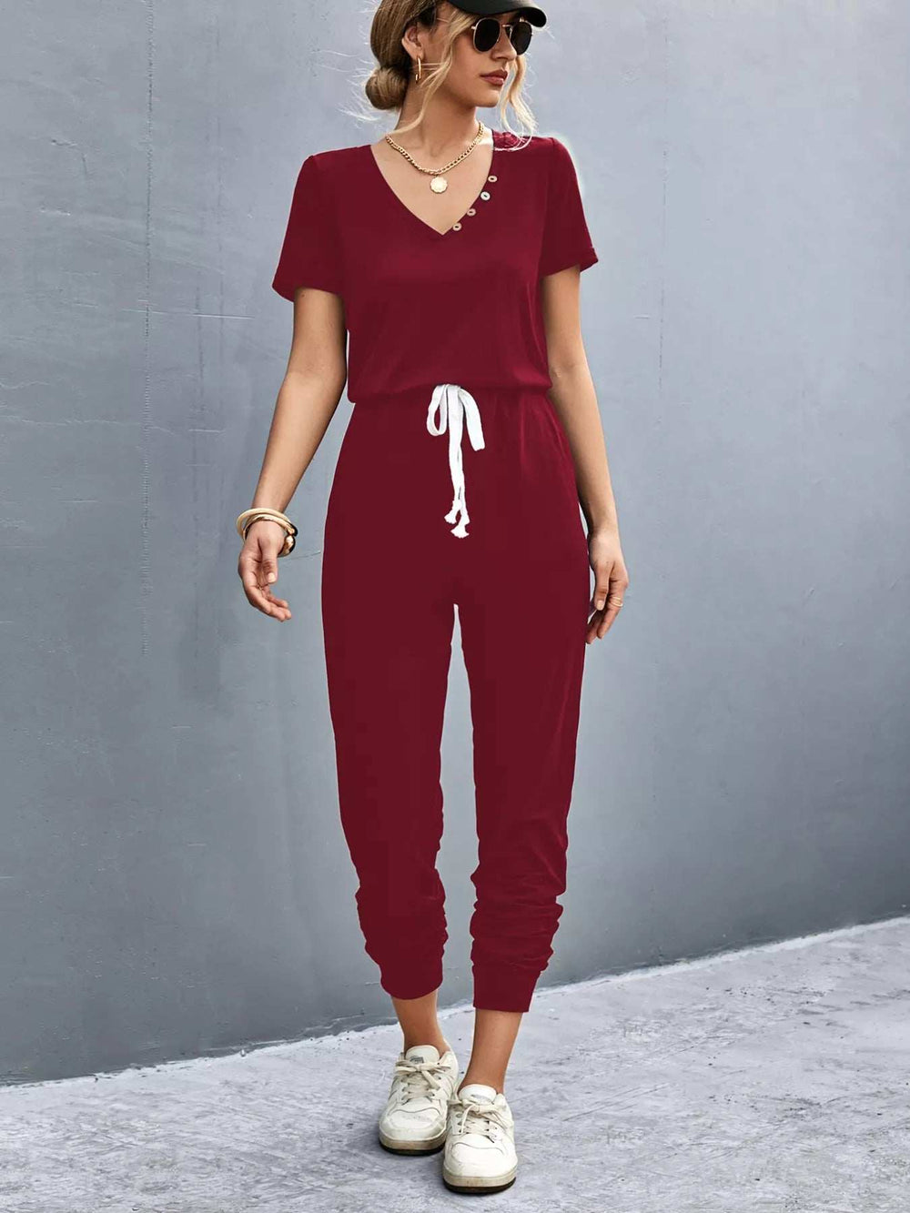 Casual V-Neck Short Sleeve Drawstring Waist Jumpsuit - Trendsi - Flyclothing LLC