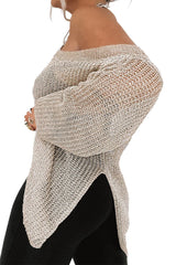 Side Slit Long Sleeve Knit Cover Up - Trendsi
