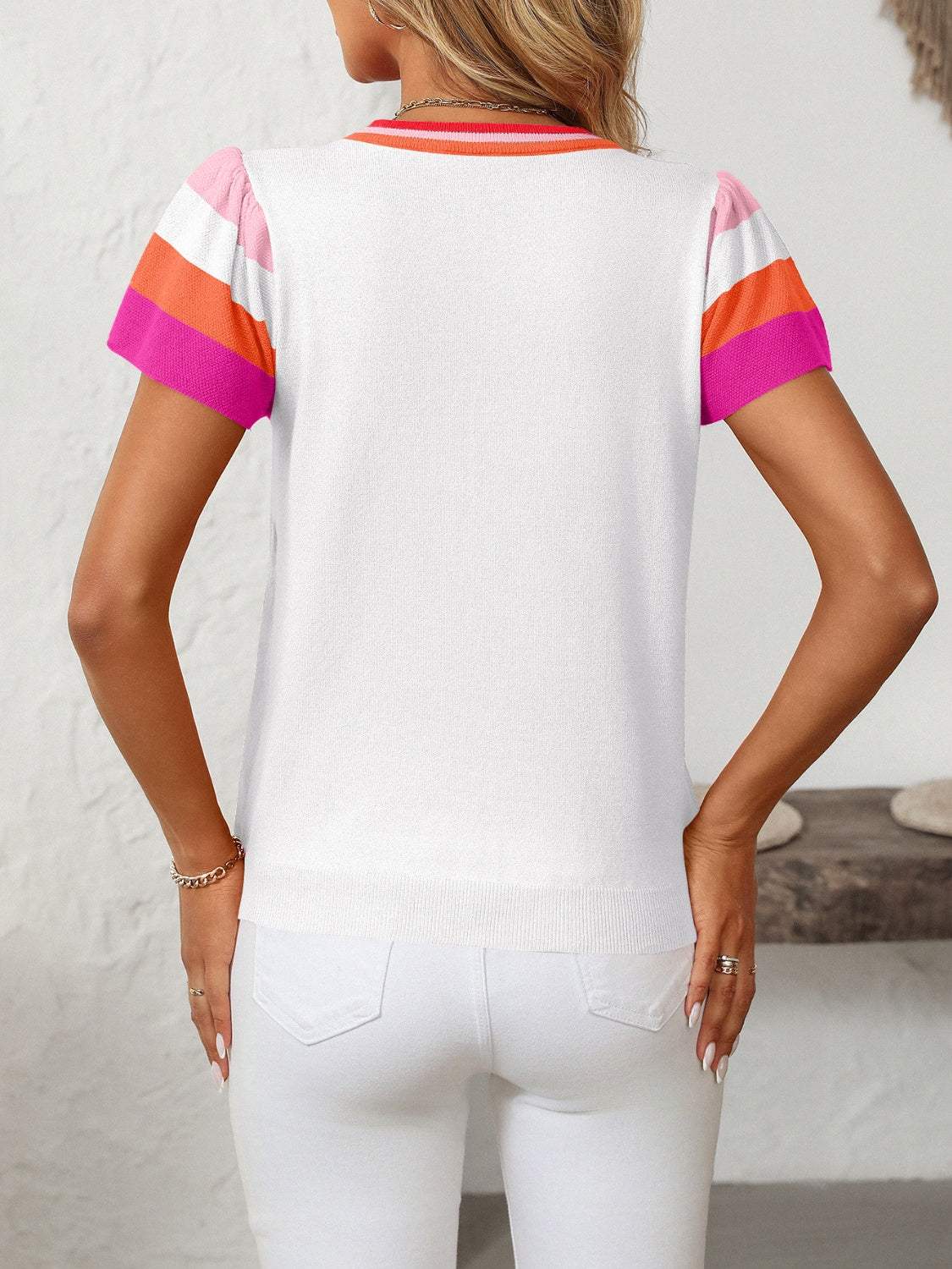 Mandy Contrast Round Neck Short Sleeve Knit Top - Trendsi - Flyclothing LLC