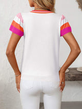 Mandy Contrast Round Neck Short Sleeve Knit Top - Trendsi - Flyclothing LLC