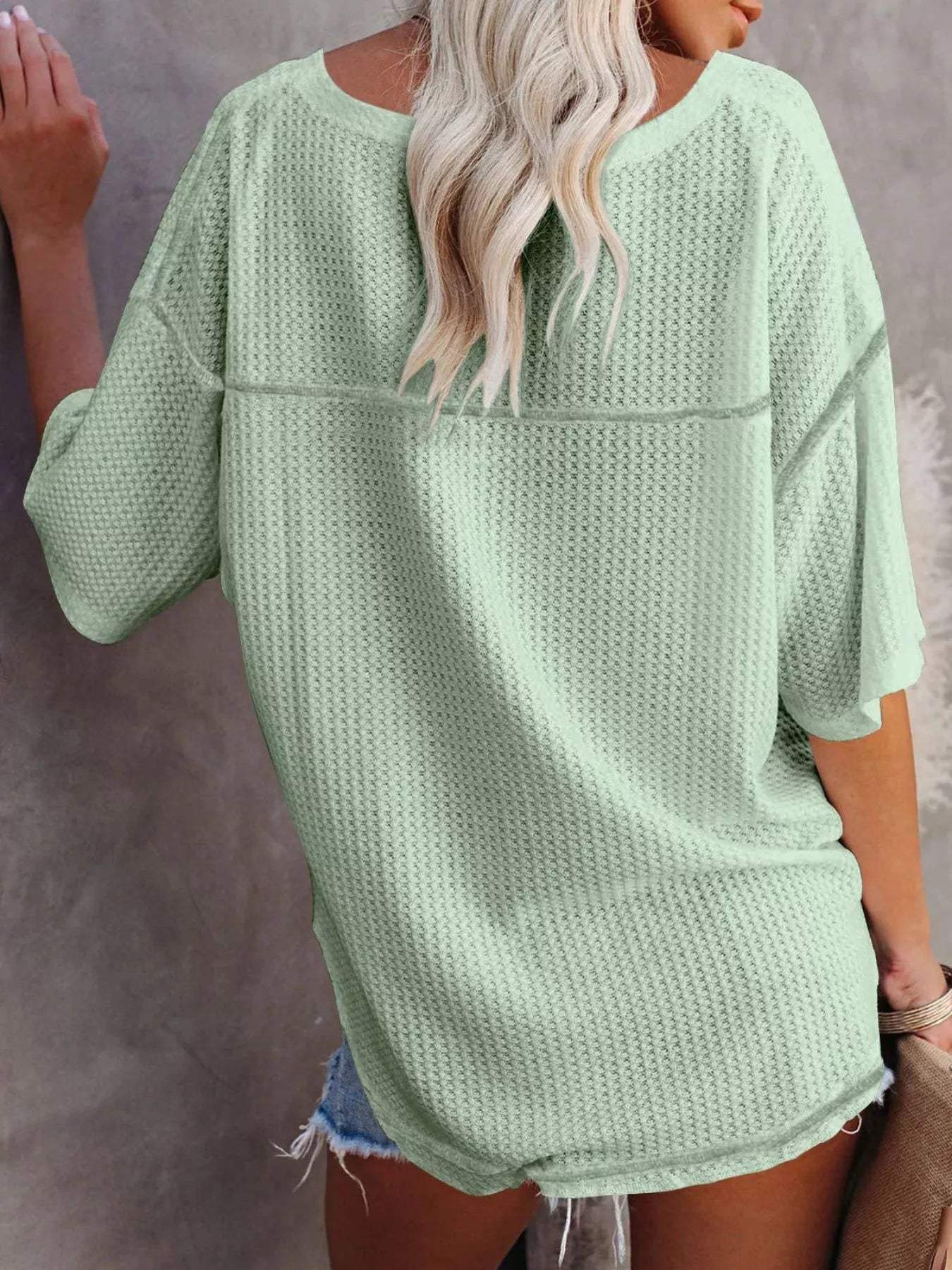 Waffle Knit V-Neck Short Sleeve T-Shirt - Trendsi - Flyclothing LLC