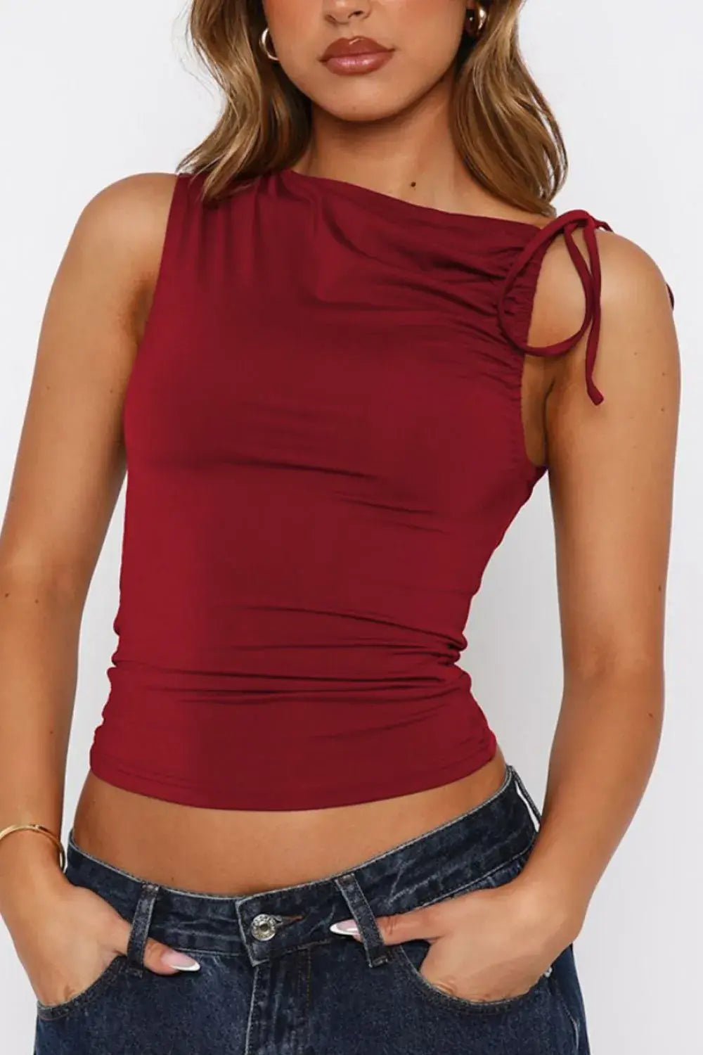 Ruched Tied Solid Color Tank - Trendsi - Flyclothing LLC