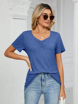 Ruched V-Neck Short Sleeve T-Shirt - Trendsi - Flyclothing LLC