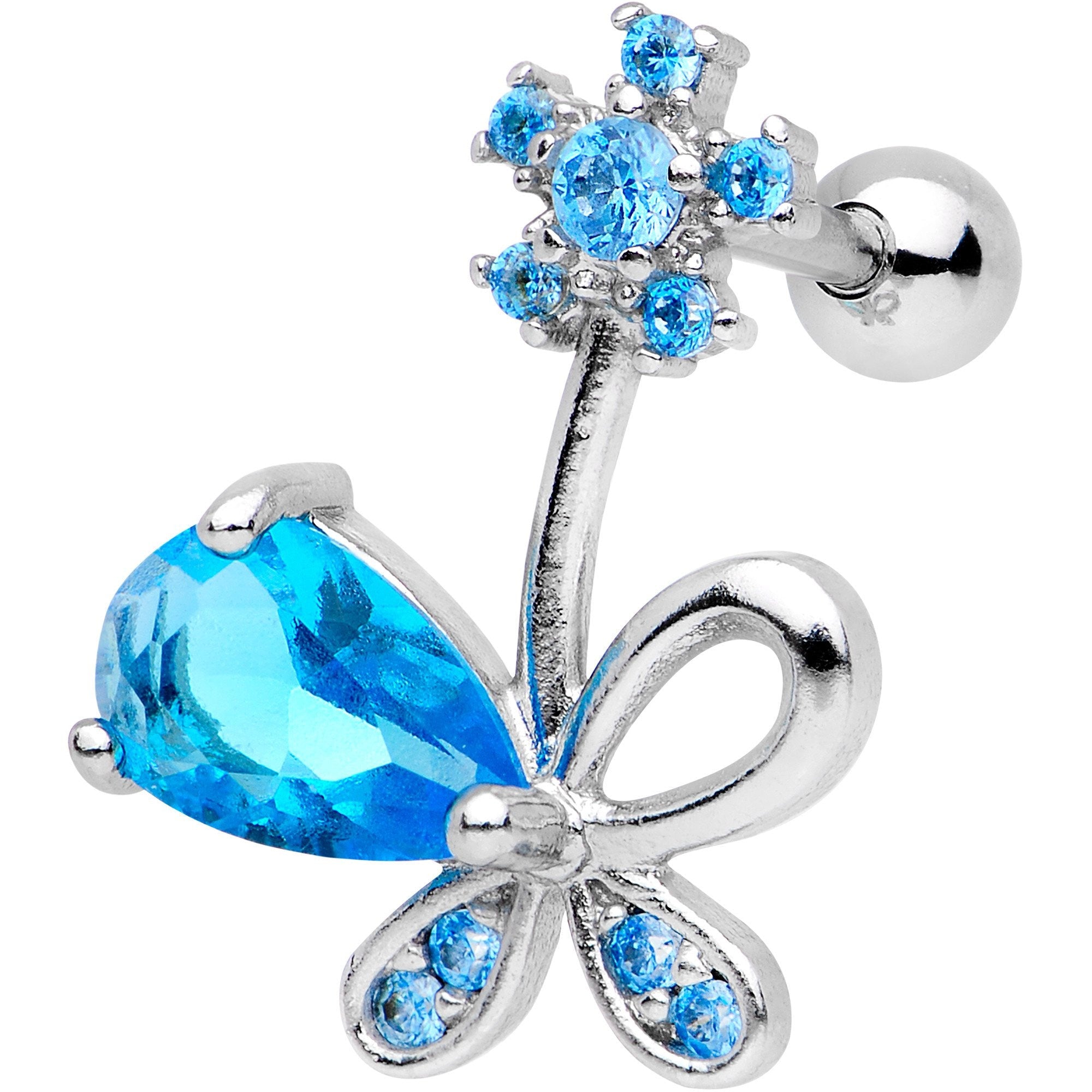 Blue CZ Gem Glamour Bow Left Cartilage Tragus Earring - BodyCandy - Flyclothing LLC