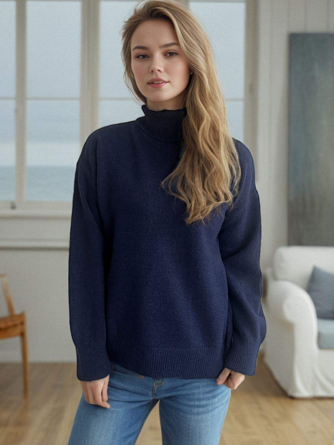 Turtleneck Dropped Shoulder Long Sleeve Sweater - Trendsi - Flyclothing LLC