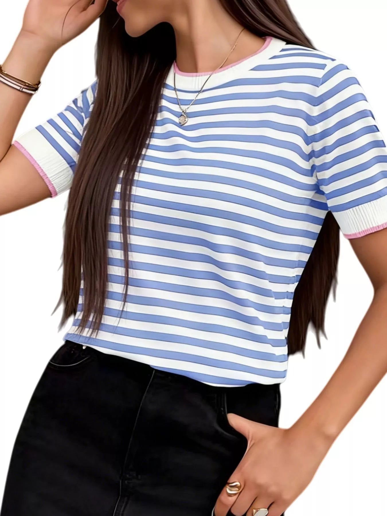 Contrast Trim Striped Short Sleeve Knit Top - Trendsi - Flyclothing LLC