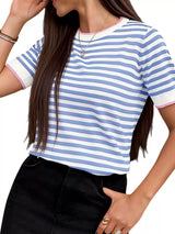 Contrast Trim Striped Short Sleeve Knit Top - Trendsi - Flyclothing LLC