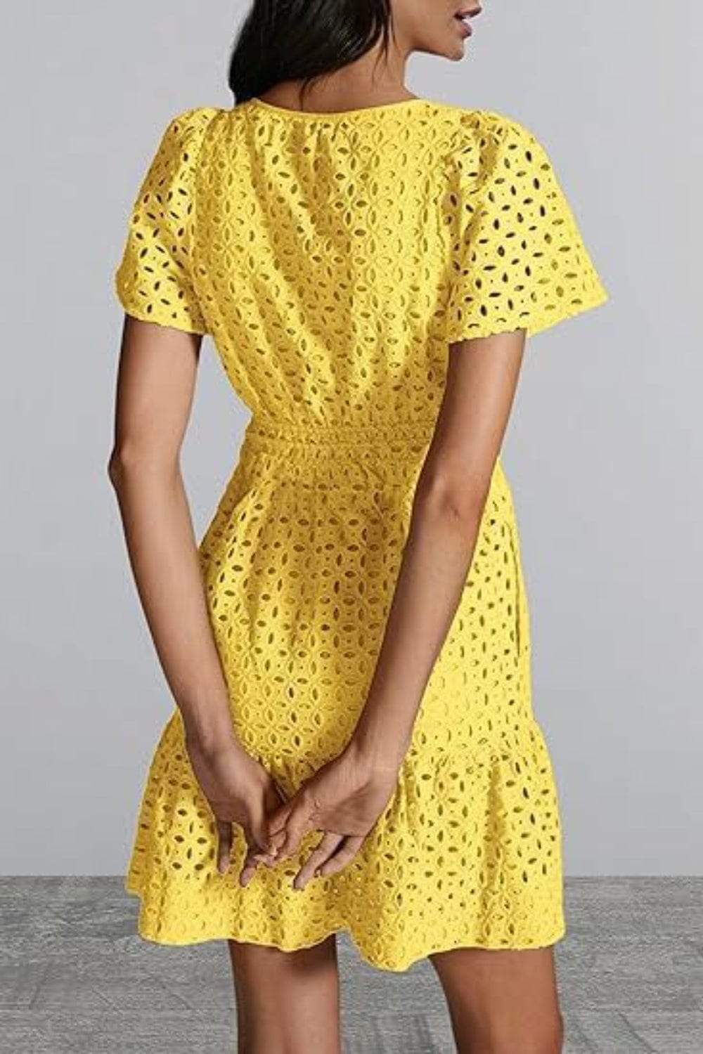 Eyelet Notched Short Sleeve Mini Dress - Trendsi - Flyclothing LLC