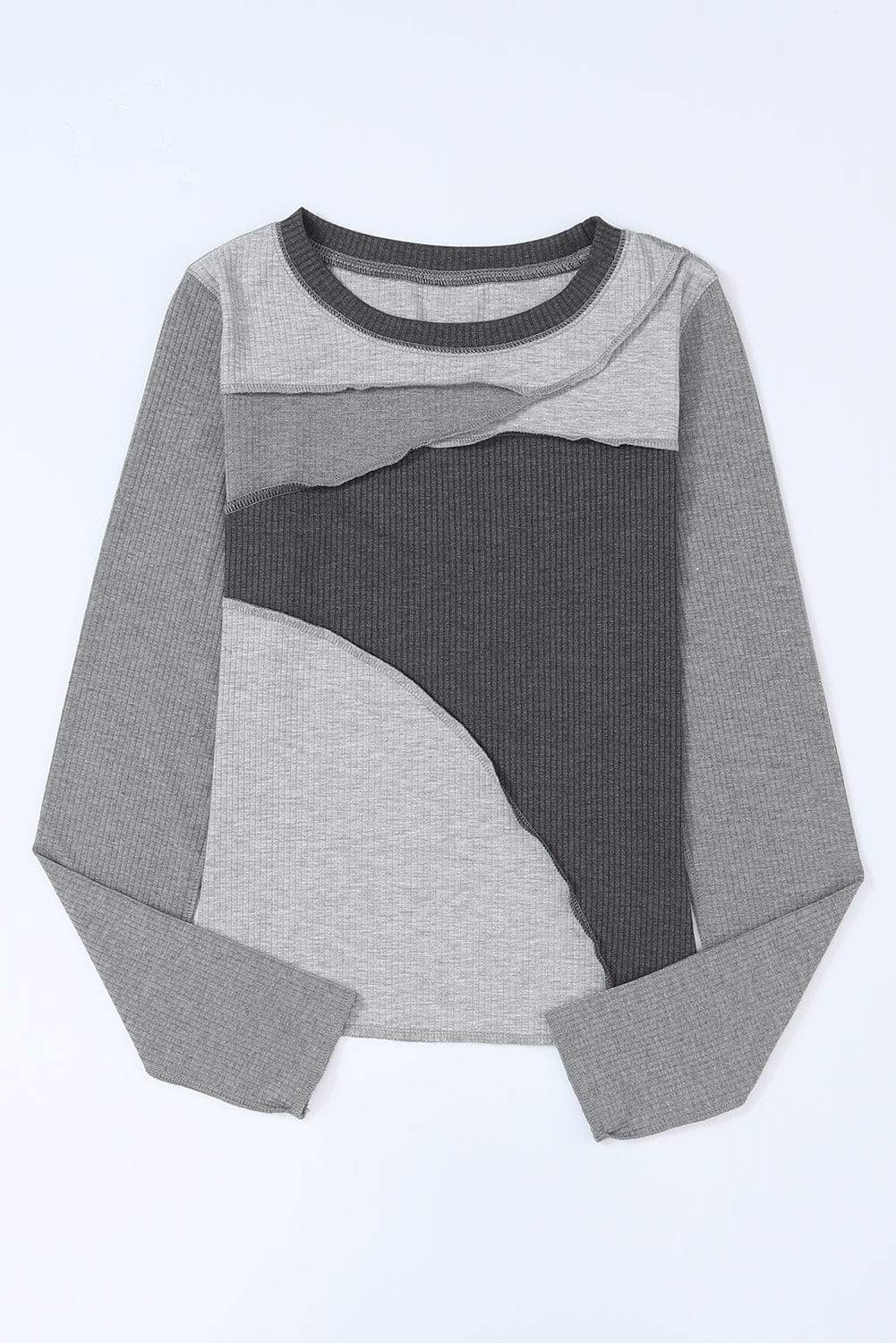 Exposed Seam Contrast Round Neck Long Sleeve T-Shirt - Trendsi - Flyclothing LLC