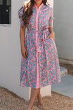 Printed Shirred Sleeve Buttoned Front Midi Dress with Sash - Trendsi