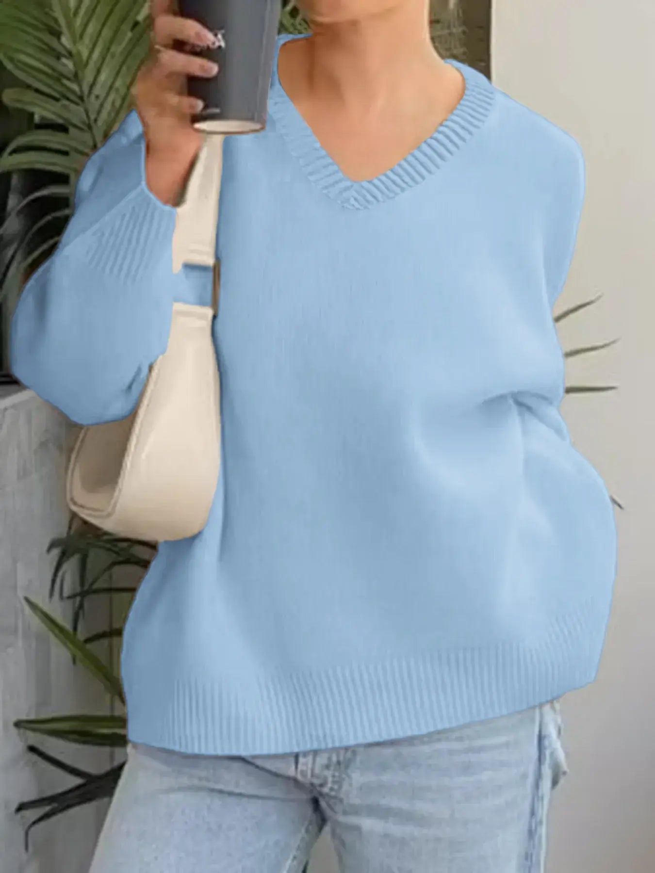 V-Neck Long Sleeve Sweater - Trendsi - Flyclothing LLC