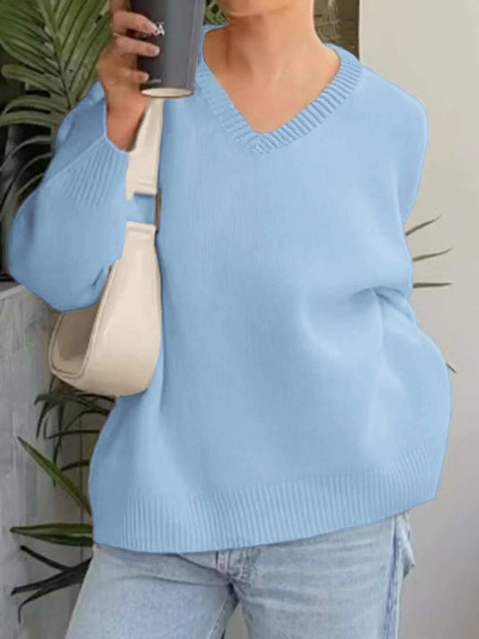V-Neck Long Sleeve Sweater - Trendsi - Flyclothing LLC