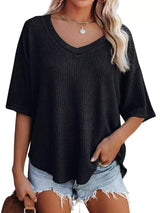 Waffle Knit V-Neck Short Sleeve T-Shirt - Trendsi - Flyclothing LLC