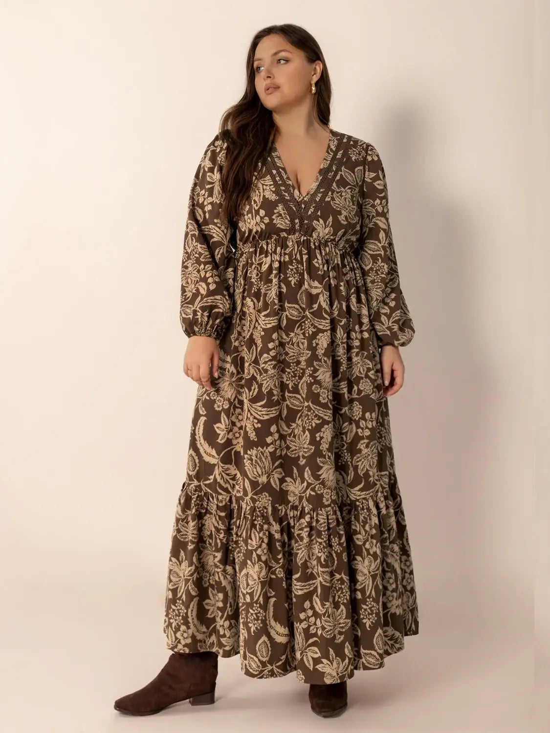 Plus Size Printed V-Neck Balloon Sleeve Maxi Dress - Trendsi - Flyclothing LLC