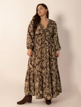 Plus Size Printed V-Neck Balloon Sleeve Maxi Dress - Trendsi - Flyclothing LLC