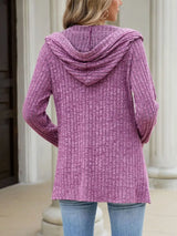 Ribbed Knit Hooded Button-Down Cardigan - Trendsi - Flyclothing LLC